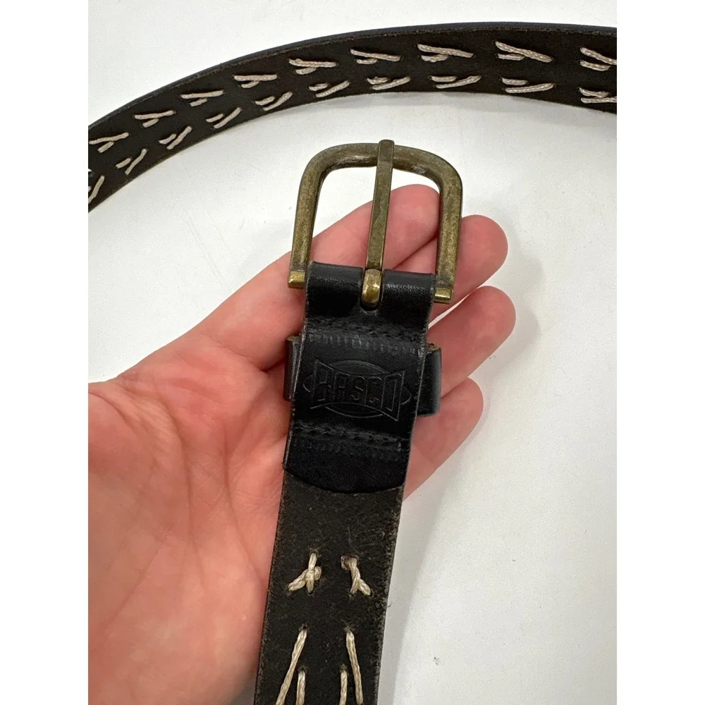 Basco Black Leather Whipstitch Belt Brass Buckle Western Boho Mens Womens